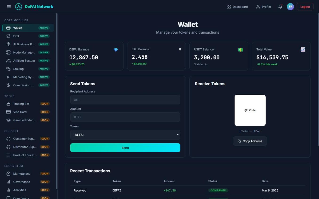 Integrated wallet showing DEFAI token balances and transaction history
